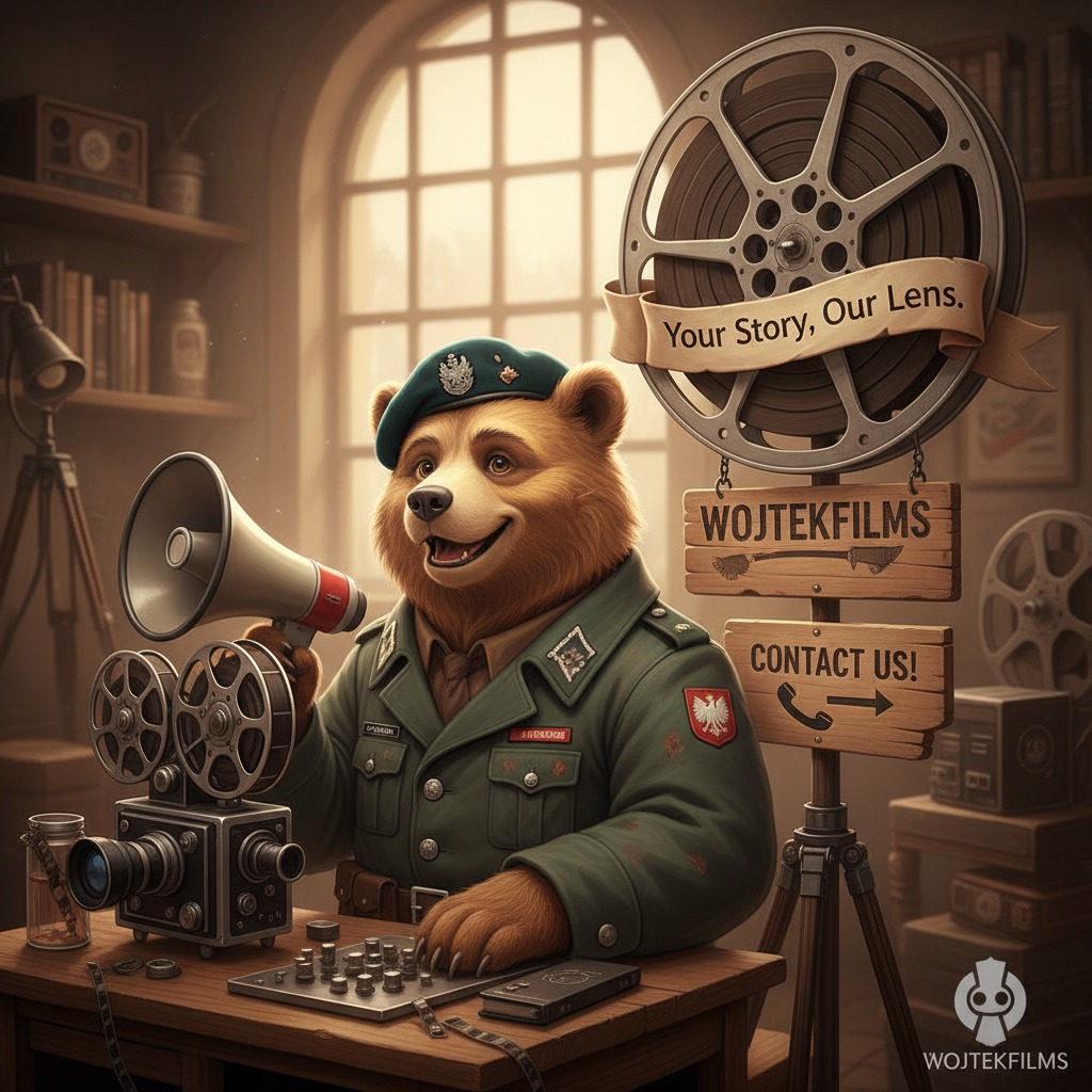 Un orso in uniforme militare con basco verde tiene un megafono accanto a una cinepresa vintage e a un cartello in legno con il logo Wojtekfilms, il logo di wojtekfilms e' sbagliato, e' un cerchio con dentro un orso stilizzato